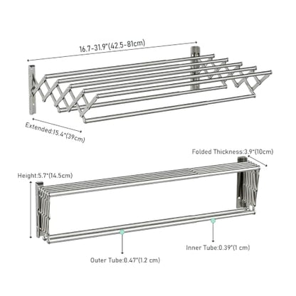 Wall Mount Drying Rack for Laundry Room, Retractable Stainless Steel Towel Bar, Collapsible Accordion Clothes Dryer, Space Saving Wall Mounted Laundry Rack for Bathroom, Balcony & RV
