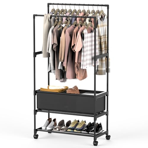 Double Rods Clothes Rack, Heavy Duty Metal Garment Rack Metal Clothing Racks with Shelves Lockable Wheels Portable Storage Bag Height Adjustable for Bedroom Laundry Living Room - size: 30.31"D x 13.58"W x 57.09"H