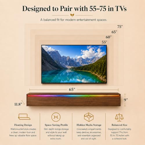Brown Floating TV Stand Wall Mounted, 65 in Media Console Cabinet | floating tv console for 70-75 inch tv midcentury modern tv stand - color: Brown-f