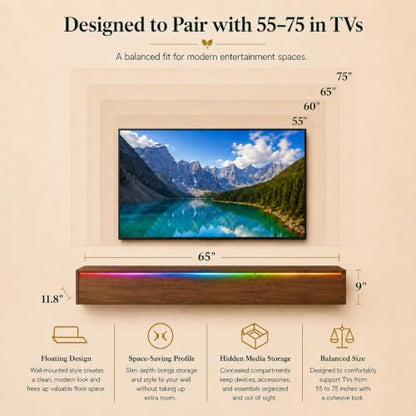 Brown Floating TV Stand Wall Mounted, 65 in Media Console Cabinet | floating tv console for 70-75 inch tv midcentury modern tv stand - color: Brown-f