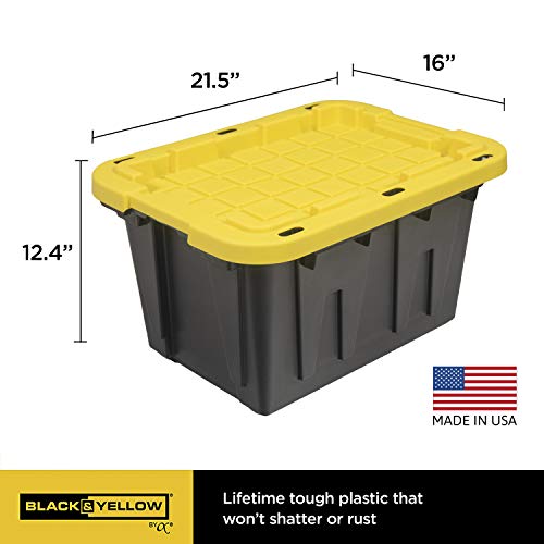 CX Heavy Duty 12-Gallon Stackable Plastic Storage Bins with Lids, 4 Pack | Storage totes for garage organization, Stackable containers, weather-resistant, snap lid, 12.5H x 16.3W x 21.8D, Black/Yellow - size: 12 Gallon