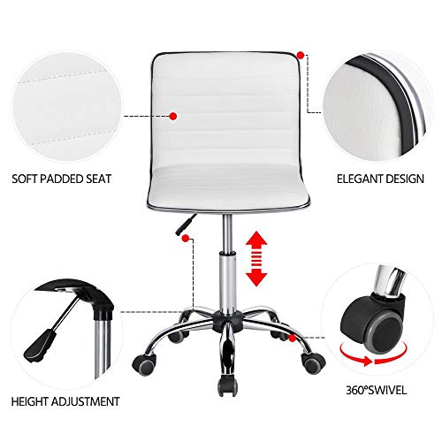 Topeakmart Ribbed PU Leather Armless Desk Chair, Swivel Task Chair, White | Cushioned ribbed PU leather low-back seat slides neatly under desks. Seat height adjusts 18.3–24.2 in, quick assembly for use - color: White