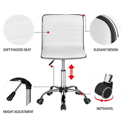 Topeakmart Ribbed PU Leather Armless Desk Chair, Swivel Task Chair, White | Cushioned ribbed PU leather low-back seat slides neatly under desks. Seat height adjusts 18.3–24.2 in, quick assembly for use - color: White