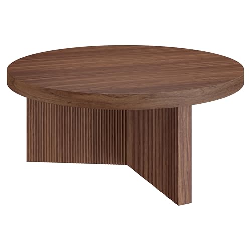 Henn&Hart 36" Scandinavian Fluted Coffee Table, Medium Walnut | Ribbed pedestal base and low profile bring Scandinavian style to small spaces including living rooms or family rooms - color: Medium Walnut, size: 36 inches