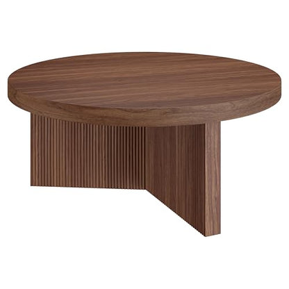 Henn&Hart 36" Scandinavian Fluted Coffee Table, Medium Walnut | Ribbed pedestal base and low profile bring Scandinavian style to small spaces including living rooms or family rooms - color: Medium Walnut, size: 36 inches