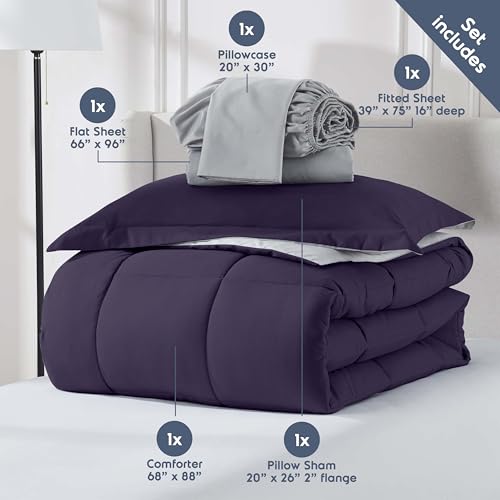 Nestl 5 Piece Twin Comforter Set – Purple Reversible Bed in a Bag – Complete Twin Size Bedding Set with Sheets, Pillowcase and Sham - color: Purple, size: Twin