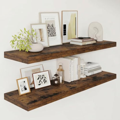 Vivelove Deep Floating Shelves 40x12” Set of 2, Rustic Brown | Easy Install With Hardware, 2" Thick, Invisible Brackets, Wall Mounted, No Sagging, For Any Room - color: Rustic Brown, size: 40”wx12”dx2”h
