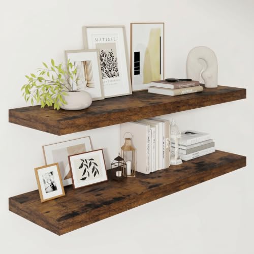 Vivelove Deep Floating Shelves 40x12” Set of 2, Rustic Brown | Easy Install With Hardware, 2" Thick, Invisible Brackets, Wall Mounted, No Sagging, For Any Room - color: Rustic Brown, size: 40”wx12”dx2”h