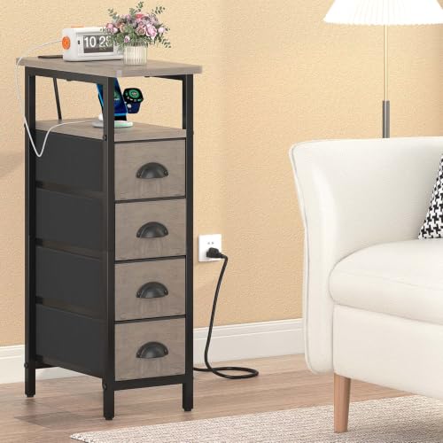 sthmec Nightstand with Charging Station, Narrow Night Stand Set of 2 with 4 Drawers, Skinny Side Table with Fabric Drawers,Slim Sofa Couch Tables for Small Spaces,Living Room,Bedroom, Grey - color: Grey, style: Power