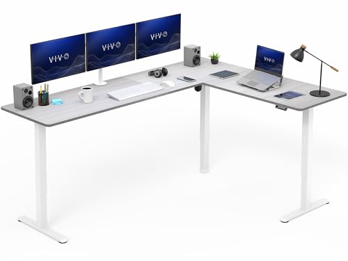 VIVO Dark Gray 84 x 63 in Corner Standing Desk, DESK-E3CTWG-84 | Electric, Holds 225 lbs, Large Reversible L-Shaped Table, Sit Stand, Height Adjustable, Memory Presets, White Frame - color: Dark Gray Top / White Frame, size: 84 x 63