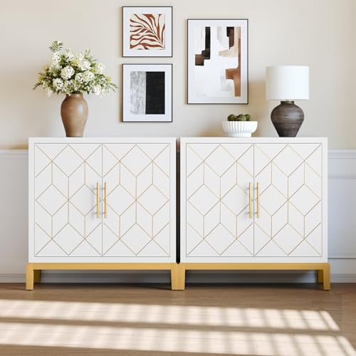 HLR Accent Cabinet with Gold Trim,Storage Cabinet with 2 Doors,Modern Wooden Sideboard for Living Room, Kitchen, Office and Hallway(White,2 piece) - color: White, size: 2 piece