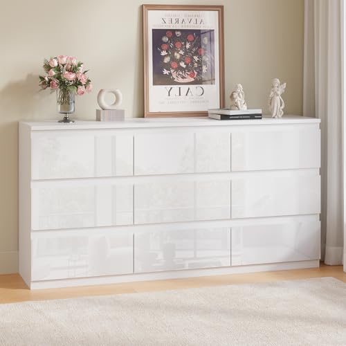 White 9 Drawer Dresser for Bedroom Wooden 55" Wide | Modern, Handle-Free, long, for Living Room, Entryway, TV Stand - size: 15.4"D x 33.9"W x 55.1"H (9 Drawers)