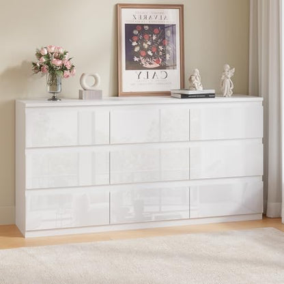 White 9 Drawer Dresser for Bedroom Wooden 55" Wide | Modern, Handle-Free, long, for Living Room, Entryway, TV Stand - size: 15.4"D x 33.9"W x 55.1"H (9 Drawers)