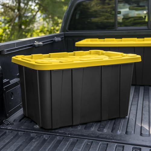 27 Gallon Plastic Storage Container with Snap-On Lid, Heavy-Duty Industrial Tote, Black and Yellow, 28.5x19.6x15.5 Inches, 6 Pack (6, Black/Yellow)