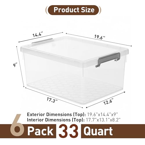 Citylife 33 Qt Ultra-Thick (3.82mm) Clear Plastic Storage Bins with Lids, 6-Pack Stackable Straight-Wall Closet Organizers with Honeycomb Base & Pinch-Free Latches for Garage, Clothes & Holiday Decor - size: 33 QT, style: 6 Pack