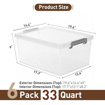 Citylife 33 Qt Ultra-Thick (3.82mm) Clear Plastic Storage Bins with Lids, 6-Pack Stackable Straight-Wall Closet Organizers with Honeycomb Base & Pinch-Free Latches for Garage, Clothes & Holiday Decor - size: 33 QT, style: 6 Pack