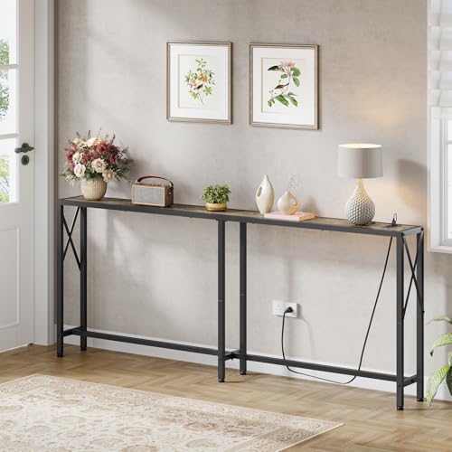 Gewudraw 70" Sofa Table Behind Couch with Socket-Narrow Console Table | Industrial Style, Long Skinny Design,Couch Table For Hallway,Living Room,Bedroom, Built-In Power Outlets & USB, 172cm Length - color: Light Grapefruit, size: 70 in