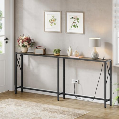 Gewudraw 70" Sofa Table Behind Couch with Socket-Narrow Console Table | Industrial Style, Long Skinny Design,Couch Table For Hallway,Living Room,Bedroom, Built-In Power Outlets & USB, 172cm Length - color: Light Grapefruit, size: 70 in