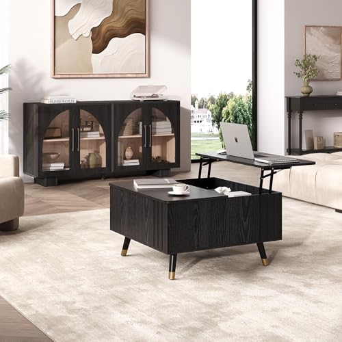 JOINICE Square Lift Top Coffee Table with Storage for Living Room,Black | 32" Multi-functional Pop Up Center Table,Large Hidden Compartments with Solid Wood Legs,Lift to 23",Hold 100lbs,Easy Assembly - color: Black_square