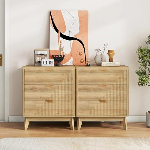 LYNCOHOME 3 Drawer Fluted Nightstand, Modern Wood Night Stand with Curved Profile, Fluted Tall Nightstand with Drawers, Light Oak - color: Natural Stripes, size: 15.7"D x 23.6"W x 28.1"H（3 Drawers）