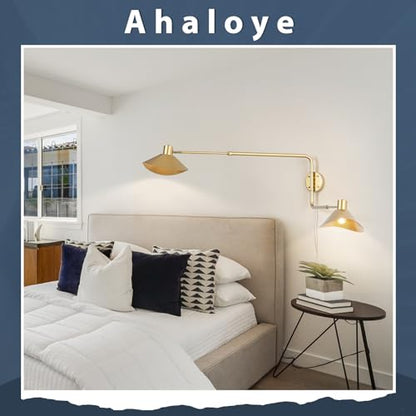Gold 2-Light Plug in Wall Sconce, Big Adjustable Swing Arms Wall Light Fixture for Living Room Bedroom Bedside Wall Light Adjustable Swivel Arms Extendable Length 22” to 58” - color: A-Gold