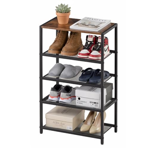 Tall Narrow Shoe Rack for Entryway Closet,5-Tier Shoe Storage Shelf | Small Vertical Shoe Organizer Wood, Sturdy Metal Mesh Shelves, Wooden Table Top, Holds 10 Pairs, for Front Door Entrance - size: 17"D x 10.24"W x 30.7"H