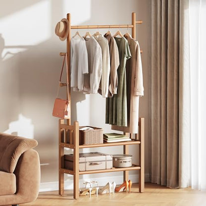 Yoobure Solid Wood Clothing Rack with Shelves - Coat Rack Freestanding with 6 Hooks, 3-in-1 Hall Tree for Hanging Clothes, Tall Garment Racks with Storage for Bedroom, Entryway, Living Room, Closet - color: Natural