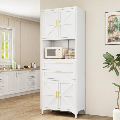71" Kitchen Pantry Cabinet, Metal Storage Cabinet with 2 Drawers and Adjustable Shelves, Farm Freestanding Cupboard for Kitchen,Office, White - color: White, size: 71"H-MZ