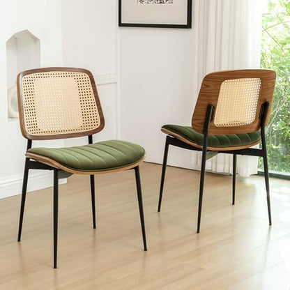 Rattan Dining Room Chairs Set of 2, Mid Century Modern Kitchen Chairs,Green Velvet Walnut Wood Finish Side Chair, Metal Legs Chair with Rattan Backrest,Green Fabric - color: Green 2, size: Set of 2