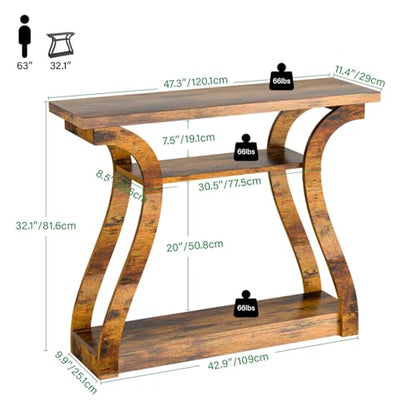Wood Console Table, 3-Tier Accent Sofa Table (Rustic Brown) | 47" Entry Table with Curved Legs, 3-tier Shelf Modern Accent Sofa Table for Entrance Area, Living room, Hallway - color: Rustic Brown