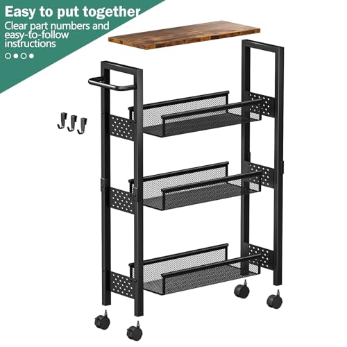 Vivihomety 4-Tier Slim Utility Rolling Laundry Cart with Wheels, Metal | Narrow 7.1" wide, Lockable wheels, wood top panel, metal frame, with handle, for laundry, bathroom, kitchen, black - color: Black, size: 7.1 inch wide