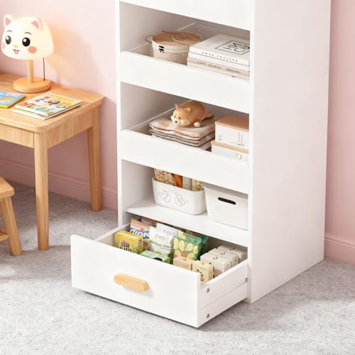 4-Tier Bookshelf with 4 Drawers, Tall Bookcase with 3 Sliding Drawers & Large Bottom Drawer, Engineered Wood Storage Shelf for Home Office, Living Room, Bedroom, Modern White - color: C-white