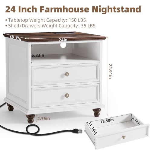 Joaxswe 24" Wide Farmhouse Nightstand with Charging Station, End Table with 2 Drawers, White Wood Dresser for Bedroom Cabinet, Bed Side Table Chest of Drawers, Night Stand for Living Room, Closet - color: White, size: 24"W (2 Drawers)