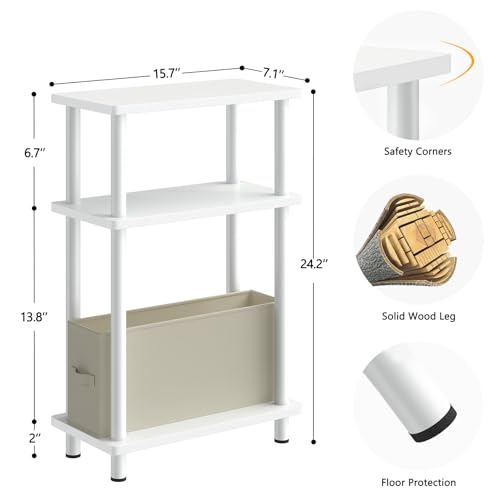 Apicizon Narrow Side Table with Fabric Basket, 3-Tier End Table, White | Sofa Side Table, Wood Storage Shelf, Slim Nightstand, Skinny Bedside Table for Narrow Spaces, Living Room, Bedroom - color: White, style: Narrow Side Table with Basket