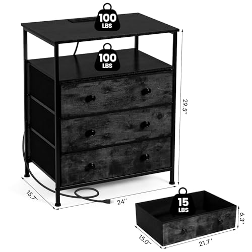3-Drawer LED Nightstand Set 2 with Charging Station, Black | Engineered Wood and Steel, 2 AC and 2 USB ports, 24 Inch Wide, RGB App Control, Fabric Drawers, Open Storage Shelf - color: Black, 2 Pack