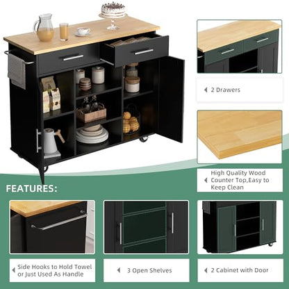 Shintenchi Kitchen Island with Storage, Kitchen Island Cart on Wheels with 3 Open Shelves, 2 Drawers and 2 Cabinets, Rolling Kitchen Table with Large Countertop, Black - color: Golden