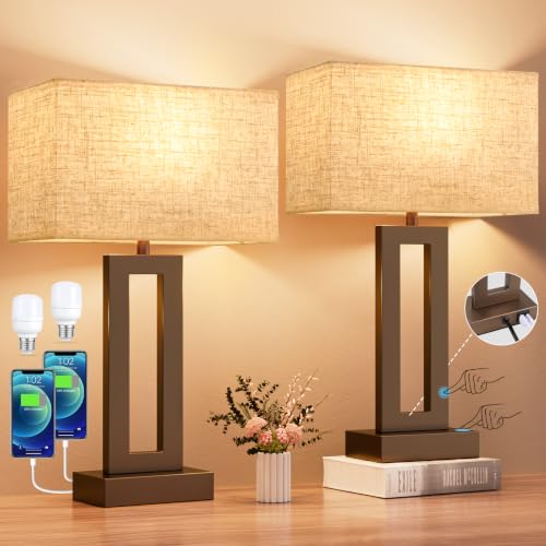 Seealle Bedroom Lamps for Night Stands - Touch Control, 3 Way Dimmable, USB C+A Charging, LED Bulbs, Easy Assembly(Yellow&Coffee) - color: R. Yellow&Coffee, size: Medium(19.6in)
