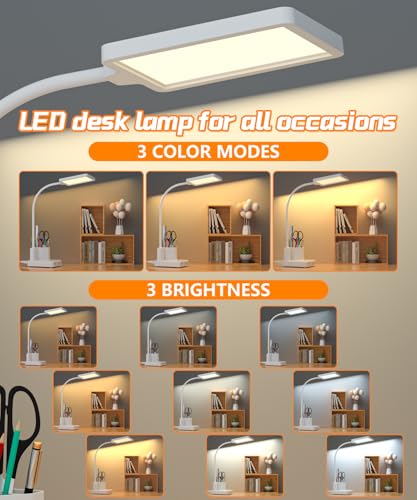 LED Desk Lamp for Dorm USB A/C Charger Pen Holder 3 Light Modes White | 3 Color Modes, 3 Brightness, 360° Gooseneck, Touch Control, USB-A/C Ports & Pen Holder for Dorm, Kids Room, Bedroom, Office - color: White