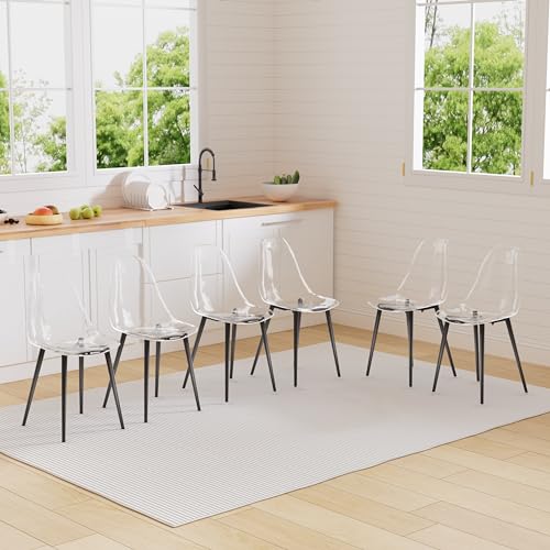 Baysitone Clear Dining Chairs Set of 6, Modern Kitchen Chairs with Transparent Seat, Acrylic Accent Side Chairs with Plating Metal Legs for Dining Room, Kitchen, Living Room with Black - color: Black, size: Set of 6