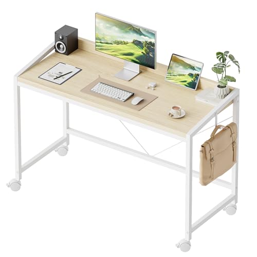 47x20 Inch Small Computer Desk with Wheels & Rear Lip | Simple Rolling Desk, Writing Table for Home Office Bedroom Work Study, Oak - color: Oak, size: 47"x19.7"