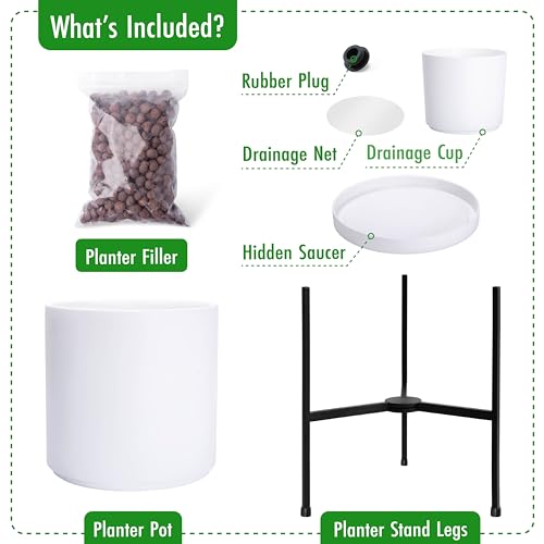 D'vine Dev Cylinder Planter Pot with Metal Stand, White, 12 in, 96-T-A-3 | Durable Fiberclay Construction, Sleek Modern Design, Heavy-Duty Iron Stand, Drainage Hole & Saucer, Elegant Indoor Display - color: White, size: Large 12 Inch