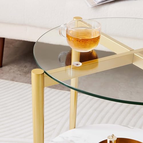 LumFurn D18in Round Glass End Table, Mid-Century Modern Side Table for Living Room, D18xH23inch, Clear Glass and White Marble MDF Wood, Gold Finish Frame - color: D18" Clear & White Marble