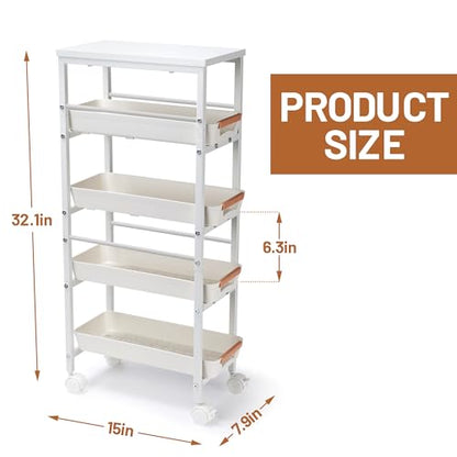 Slim Storage Cart, 5-Tier Narrow Rolling Kitchen Laundry Room Cart with Drawer and Wheels, Metal Utility Cart Slide Out Organizer for Small Spaces (White) - style: 5 Tiers-White