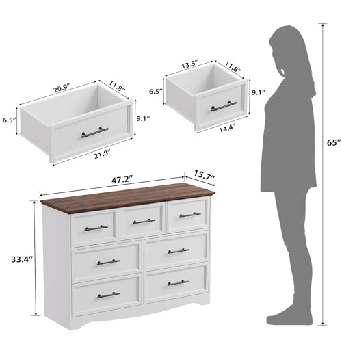 White Dresser for Bedroom, Modern 7 Chest of Drawers, 47" Wide Chest of Drawers w/Brushed Metal Handle, Wood Closet Organizers and Storage Cabinet for Bedroom, Living Room, Hallway - color: White, size: 15.7"D x 47.2"W x 33.4"H (7 Drawers)