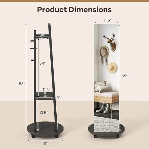 Tangkula 55" Full Length Mirror with Coat Rack, Standing Coat Tree | 2-Tier Shelves, Hanging Rods & Hooks, Explosion-Proof HD Mirror, 4-Wheel Swivel Design, For Entryway, Living Room, Bedroom - color: Black & Walnut