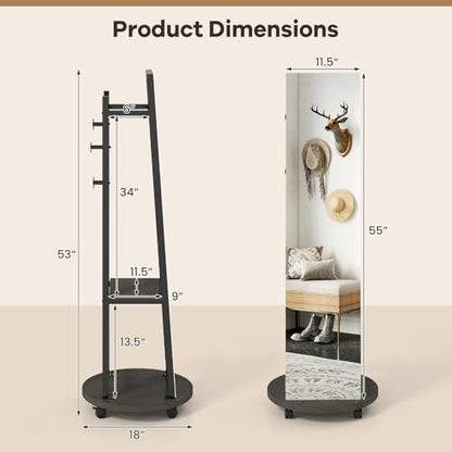 Tangkula 55" Full Length Mirror with Coat Rack, Standing Coat Tree | 2-Tier Shelves, Hanging Rods & Hooks, Explosion-Proof HD Mirror, 4-Wheel Swivel Design, For Entryway, Living Room, Bedroom - color: Black & Walnut