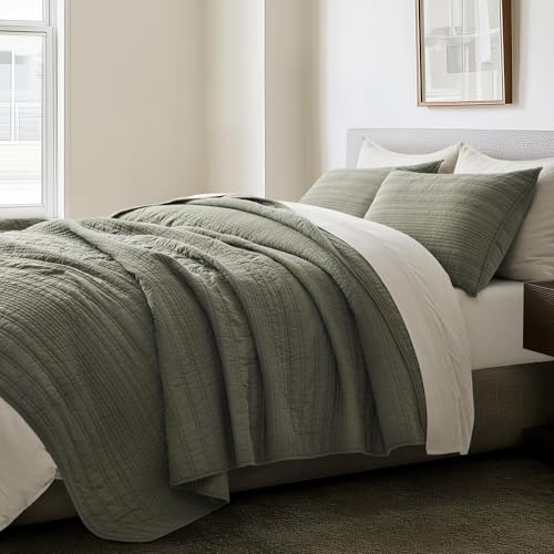 EVERGRACEHOME 100% Cotton Quilt Set Oversized Cal King, Olive Green | Pre-Washed Soft Cotton, Striped Coverlet Bedspread, 3 Piece Lightweight Bedding Set for All Season, with 2 Pillow Shams - color: Olive Green, size: Oversized Cal King (118" X 102")