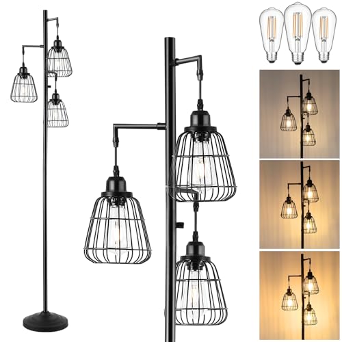 9MMML 68” Living Room Floor Lamp, Industrial Farmhouse 3 Teardrop Cage Standing Lamp,Black Tall Floor Lamp for Bedroom Office, 3 LED Edison Bulbs Included - color: Black