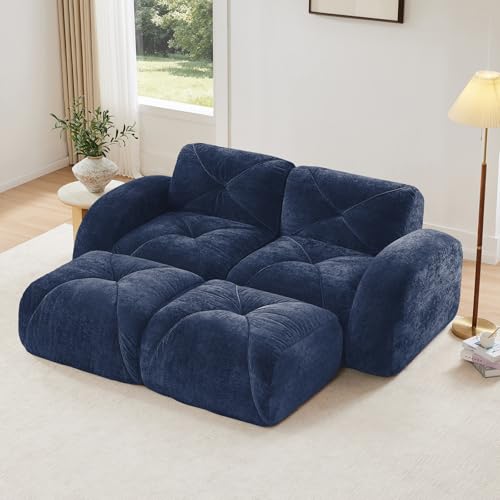 Blue Loveseat Sectional Couches for Living Room, Velvet Fabric Boneless Couch, No Assembly Cloud Modular Sectional Sofa Love Seat with 2 Ottoman, Foam Couch Compressed Sofa Set, Sofas para Sala - color: Blue, size: 2 Seater + 2 Ottoman