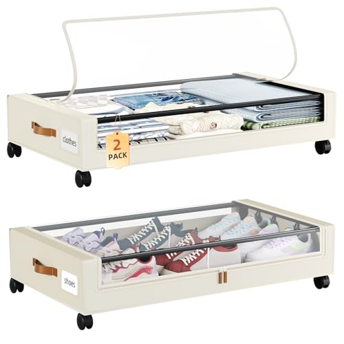 Somdot Under Bed Storage with Wheels, 2 Pack Under Bed Storage Containers | Underbed Shoe Storage Organizer with Clear Lids, Rolling Under The Bed Storage for Clothes, Blankets, Toys, Beige - color: Beige